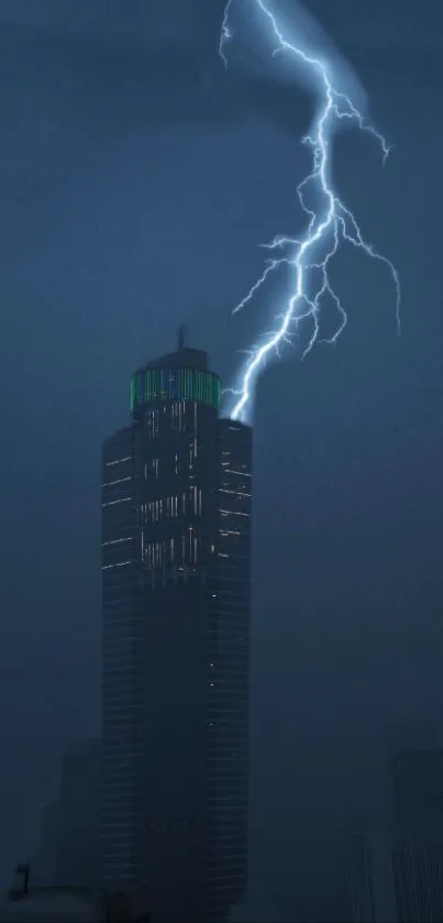 Lightning bolt striking a city skyscraper at night.