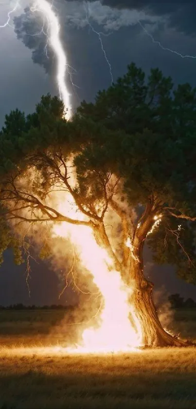 Lightning striking a tree, illuminating the night.