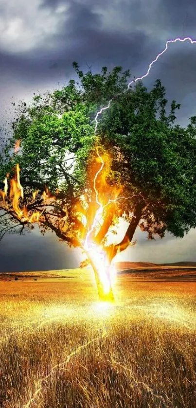 A dramatic scene of a tree struck by lightning in a field.