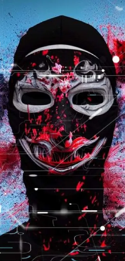 Vibrant masked figure with red and black splash on blue background.