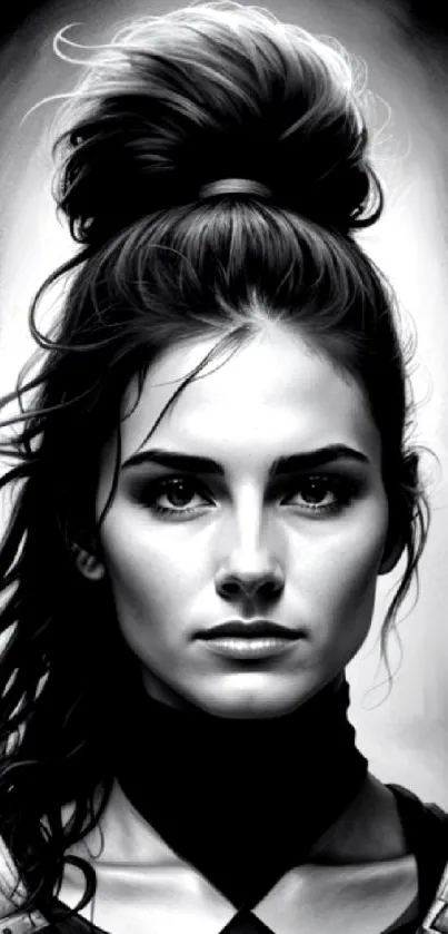 Monochrome portrait of woman with high bun and intense expression.