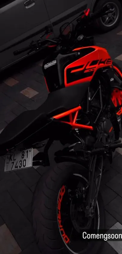 Stylish black motorcycle with neon red accents in urban setting.