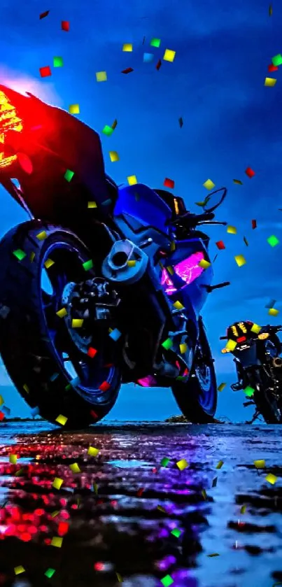 Motorcycle with vibrant lights at night, reflecting on wet road.