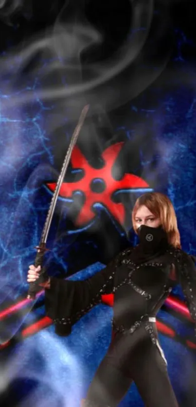 Ninja warrior with sword on a blue background.