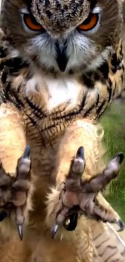 Close up of an owl in mid-flight, showcasing its detailed feathers.