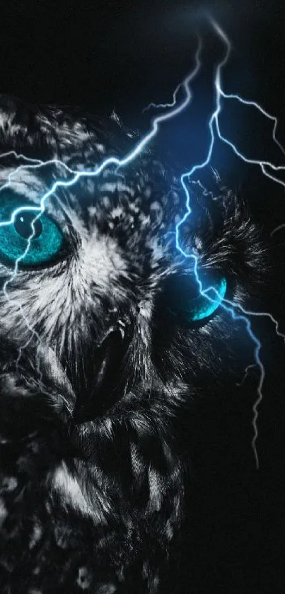 A mystical owl with electric blue lightning on a dark black background.