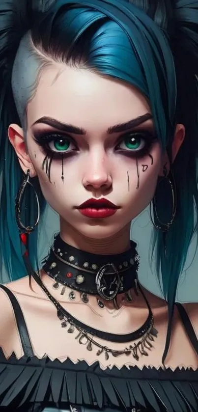 Gothic punk portrait with blue hair.