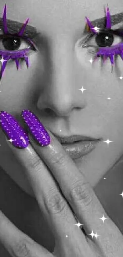 Bold portrait with purple makeup and nails on black and white background.