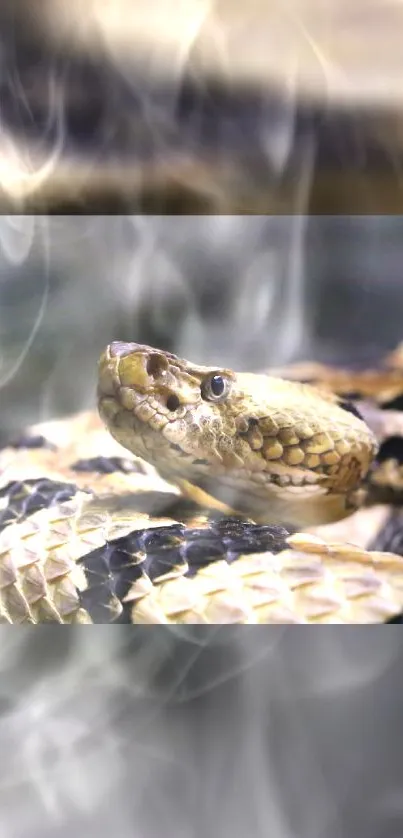 Close-up image of a rattlesnake with detailed scales and smoky background.