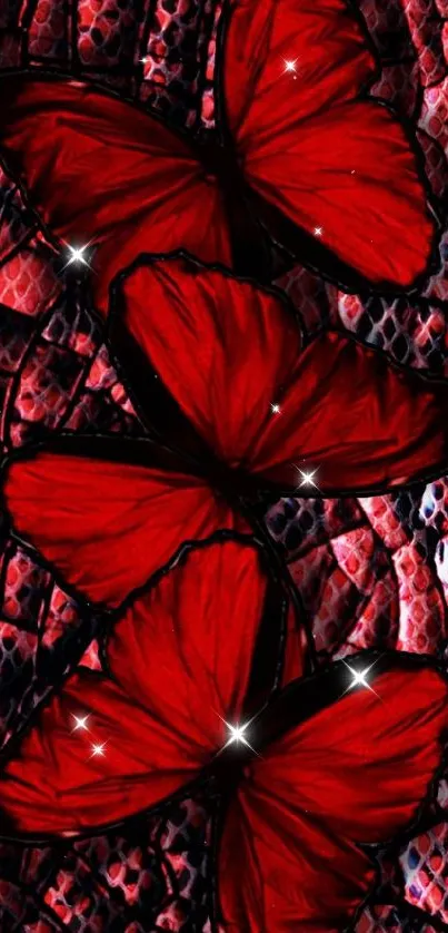 Red butterflies on a textured dark background creating a bold visual.