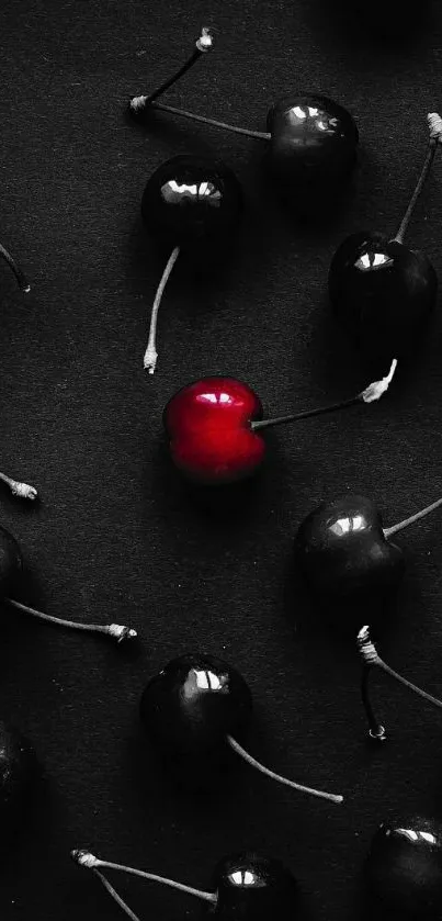 Striking wallpaper with red cherry on a black background.