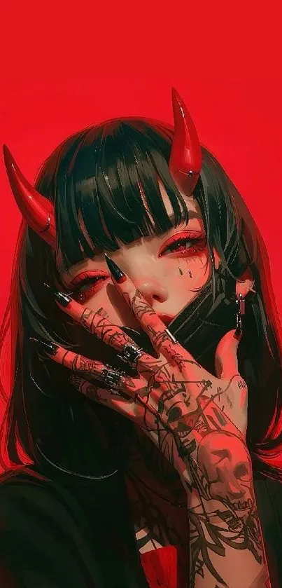 Anime character with red horns and tattoos on red background.