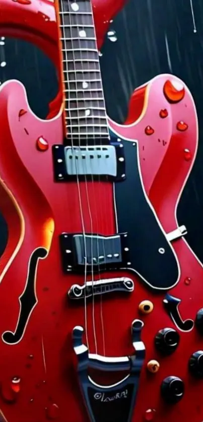 Red electric guitar with raindrops, artistic wallpaper.