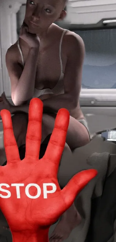 Red hand with 'STOP' text on mobile wallpaper background.