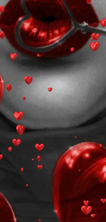 Red hearts and glossy lips on monochrome background.