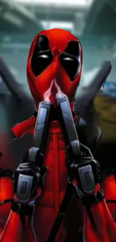 Red suited hero with guns in dynamic pose.