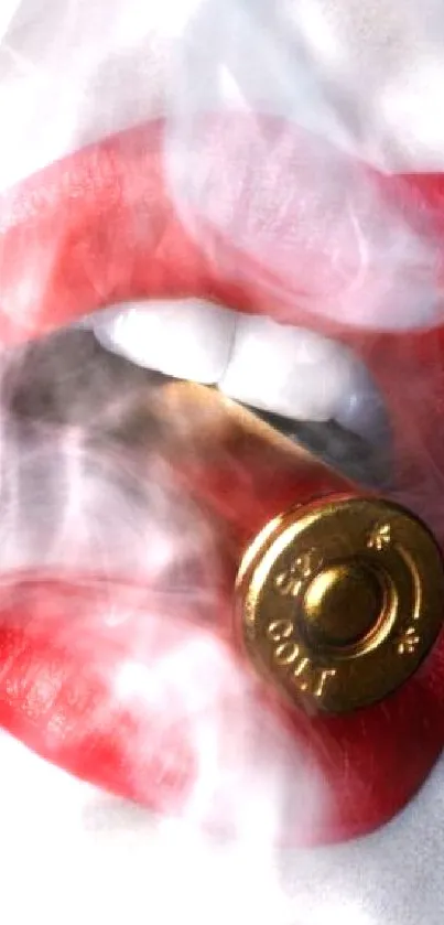 Mobile wallpaper featuring red lips with a golden bullet and smoke effect.