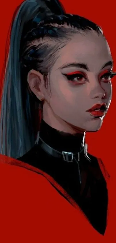 Stylized woman with bold makeup on a vibrant red background.