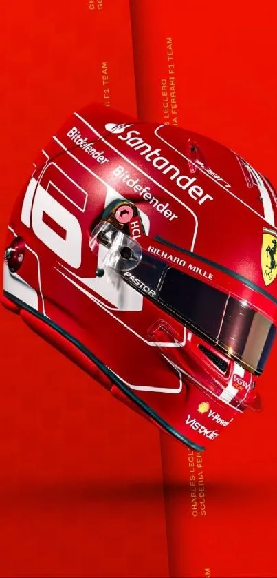 Red racing helmet with Ferrari logo on vibrant background.