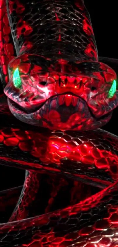 Vivid red snake with glowing eyes on a dark background.