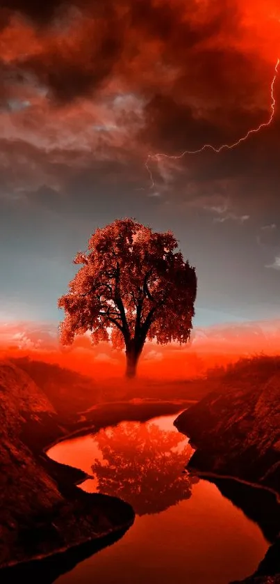 Red tree under a dramatic lightning-filled sky, creating a surreal landscape.