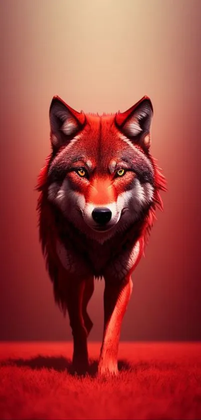 A striking red wolf on a crimson background, showcasing bold wildlife art.