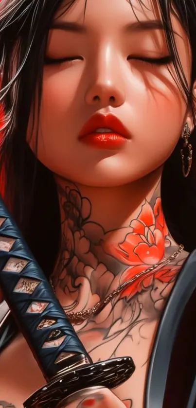 Woman with samurai sword and tattoos on a red background.