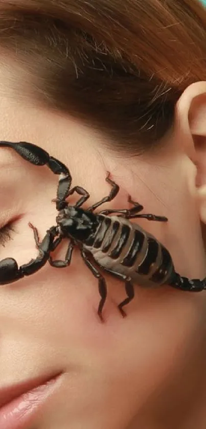 Close-up image of scorpion on cheek with artistic detail.