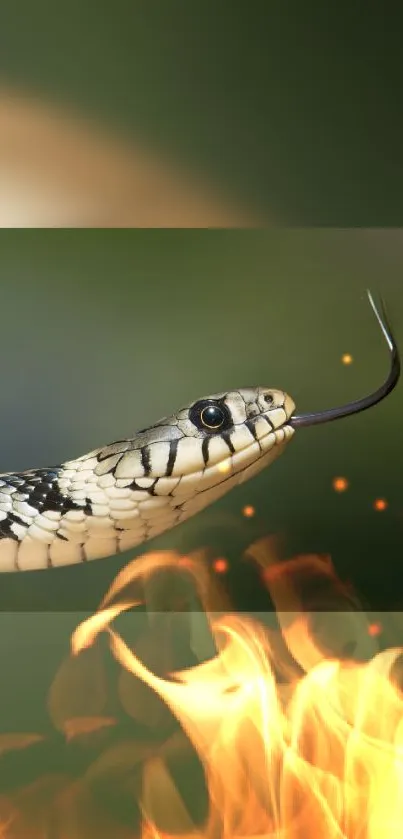 Snake with flickering flames in a dark, captivating background.