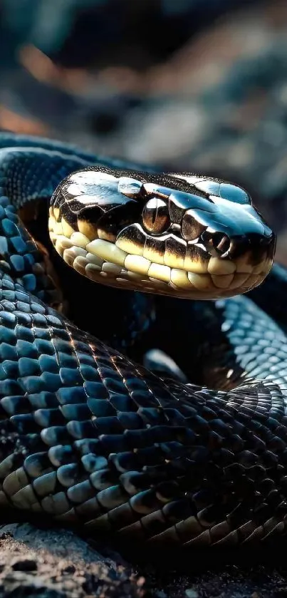 Close-up of a snake with detailed, glossy scales and deep colors.