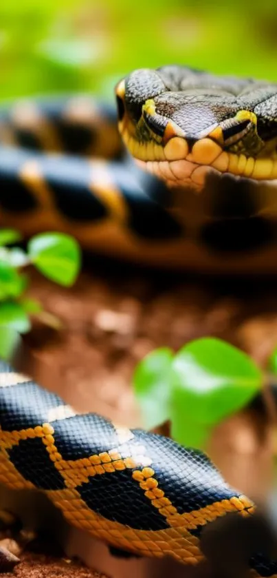 Close-up of a snake with vibrant patterns in natural setting.