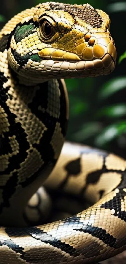 Coiled snake with detailed scales set in natural jungle background.