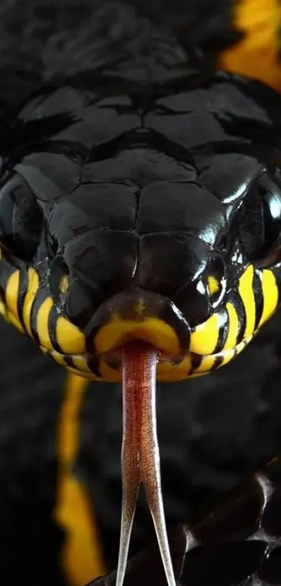 Close-up of a black and yellow snake with vivid patterns.