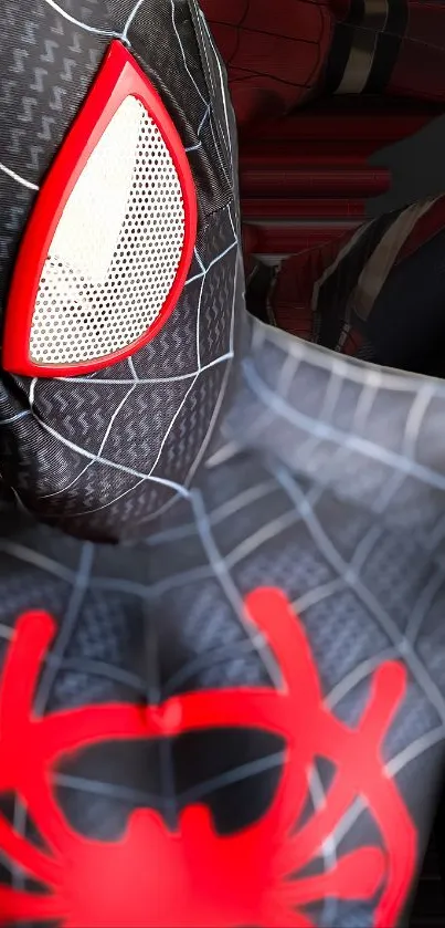 Futuristic spider suit with red accents mobile wallpaper.