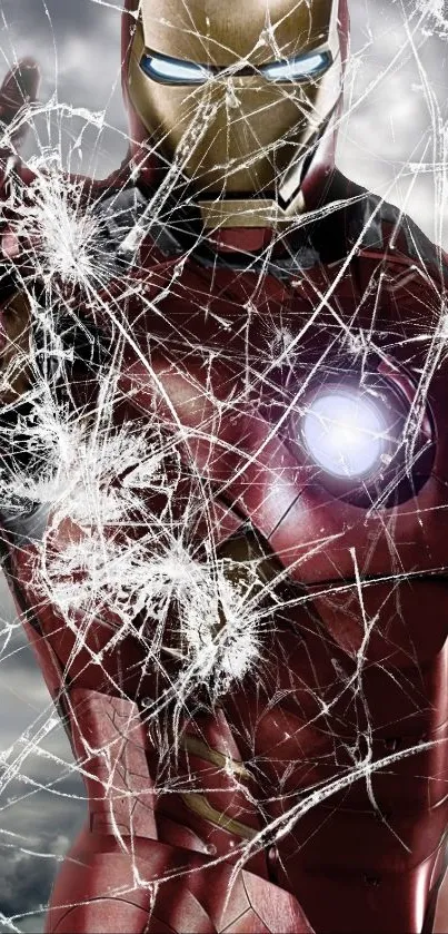 Superhero with cracked glass effect on mobile wallpaper.