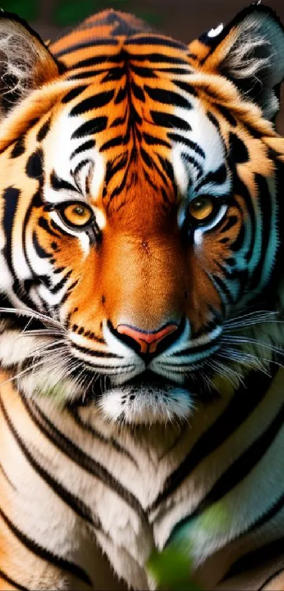 Close-up of a majestic tiger face with bright orange and black stripes.