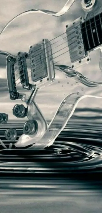 Transparent guitar immersed in liquid swirl art design wallpaper.