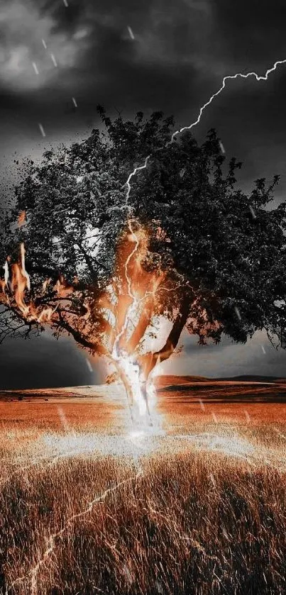 Wallpaper of a tree struck by lightning amid a fiery landscape on a stormy day.