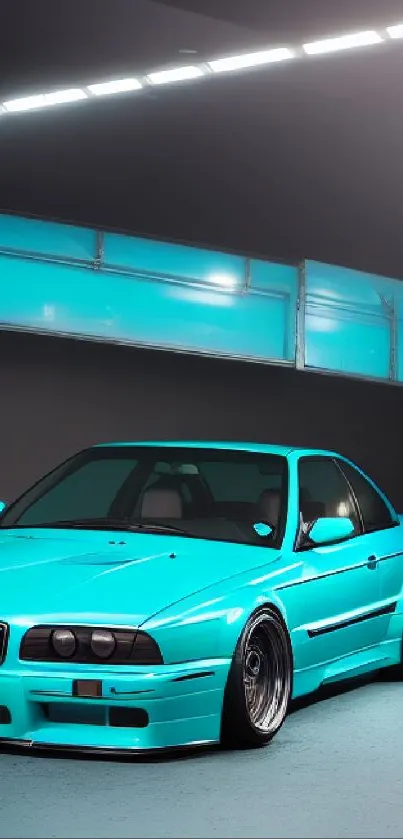 Vibrant turquoise car in a modern setting.