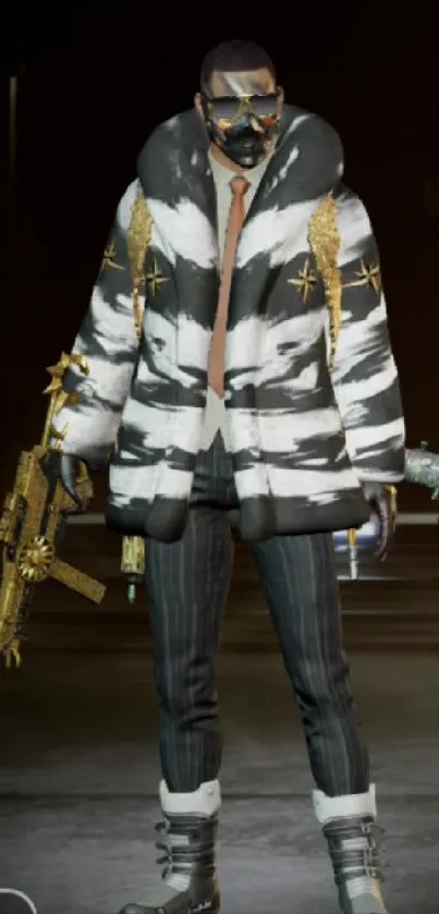 Urban warrior in black and white outfit with gold and digital details.