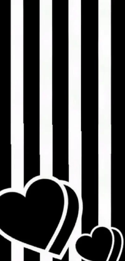 Black and white striped wallpaper with heart design.
