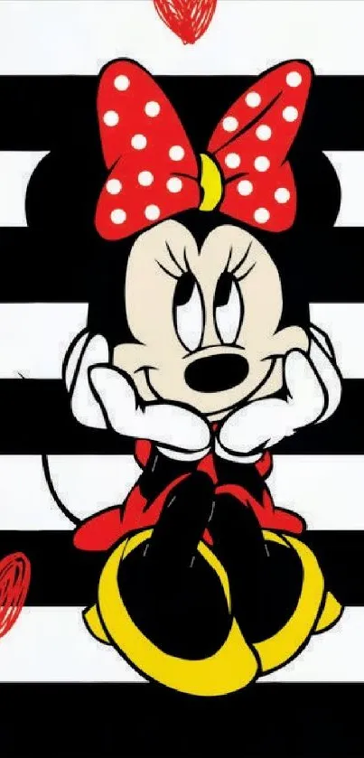 Minnie Mouse with red hearts on a striped background.