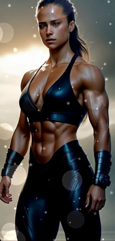 Muscular female athlete posing against a dramatic natural background.