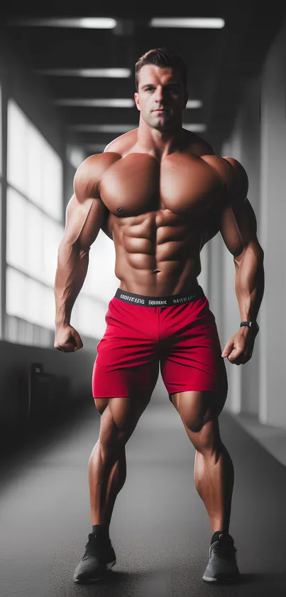 Muscular man standing in gym wearing red shorts.