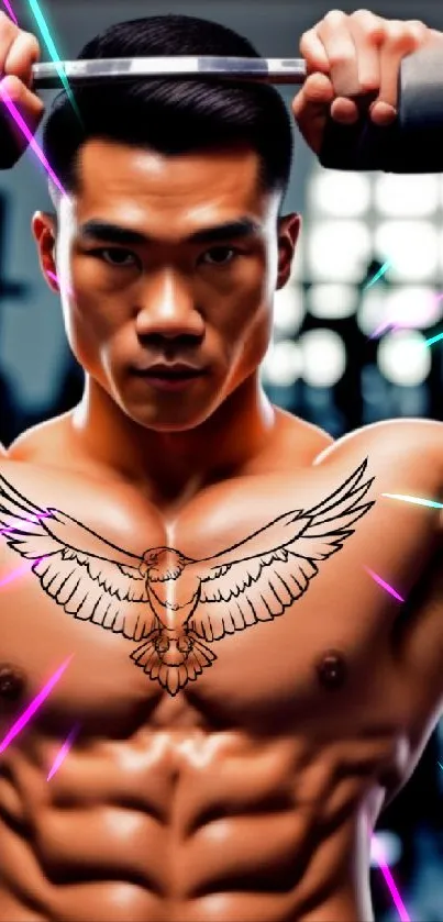 Muscular man with a chest tattoo lifting weights in the gym, perfect for mobile wallpaper.