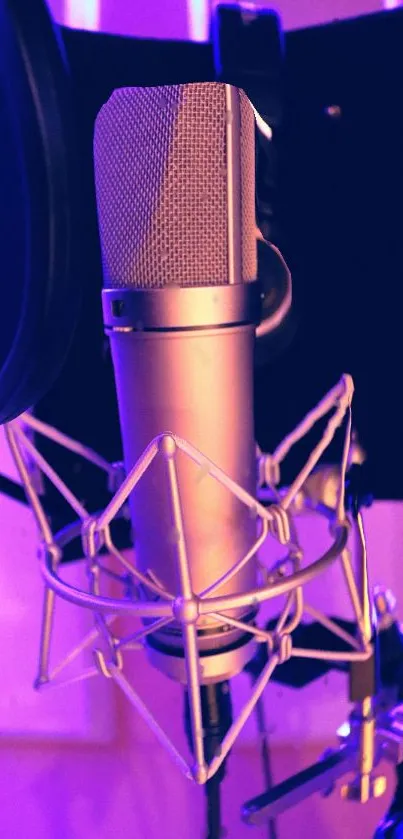 Vibrant studio microphone with purple glow.