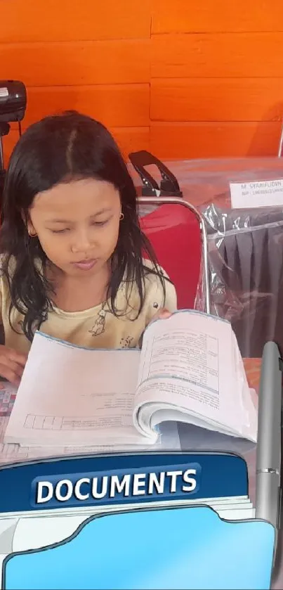 Young girl studying at a classroom desk against an orange wall backdrop.