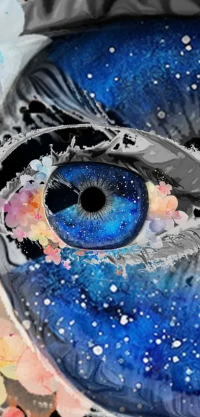 Abstract blue eye art with floral details mobile wallpaper