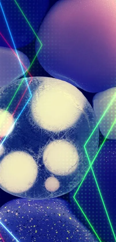 Abstract wallpaper with blue and purple glossy spheres.
