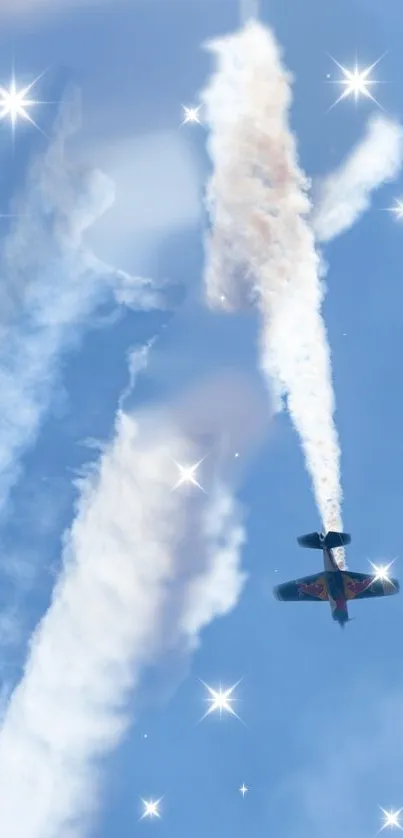 Airplanes performing tricks in a clear sky with smoke trails.